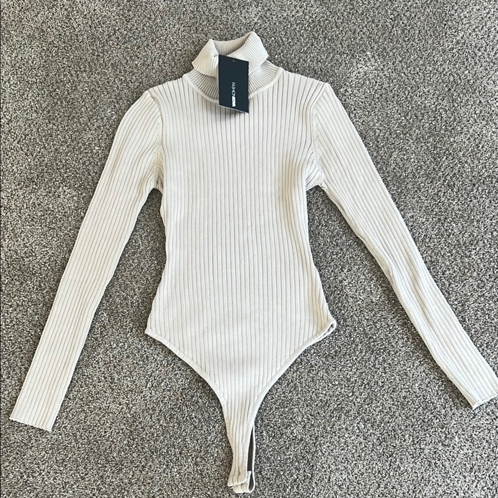 Fashion Nova Cream Ribbed Turtleneck Sweater Bodysuit